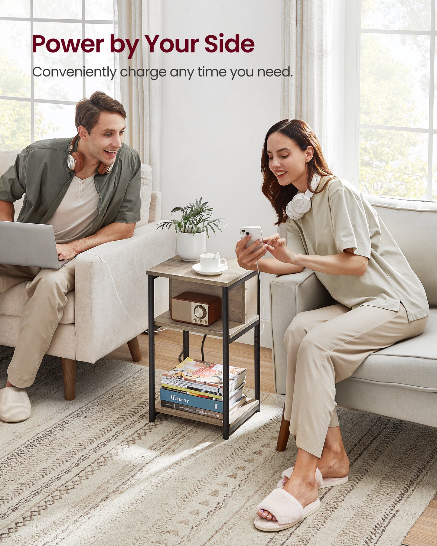 VASAGLE End Table with Charging Station 3-Tier Side Table with USB Ports and Outlets Nightstand Greige and Black