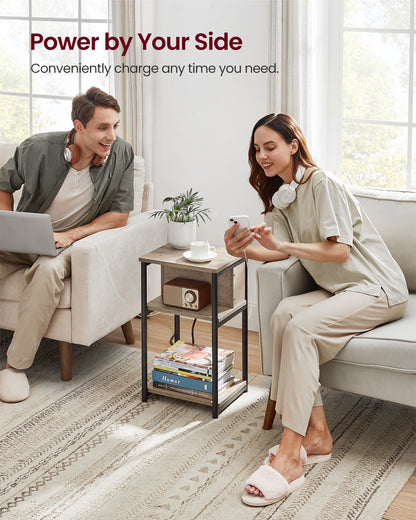 VASAGLE End Table with Charging Station 3-Tier Side Table with USB Ports and Outlets Nightstand Greige and Black