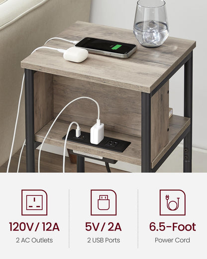 VASAGLE End Table with Charging Station 3-Tier Side Table with USB Ports and Outlets Nightstand Greige and Black