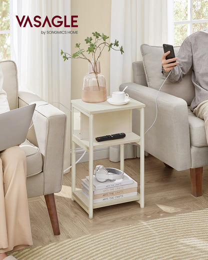 Side Table with Charging Station, 3-Tier End Table with USB Ports and Outlets, Nightstand for Living Room, Bedroom, 11.8 x 13.4 x 22.8 Inches, Plug-in Series, Cream White
