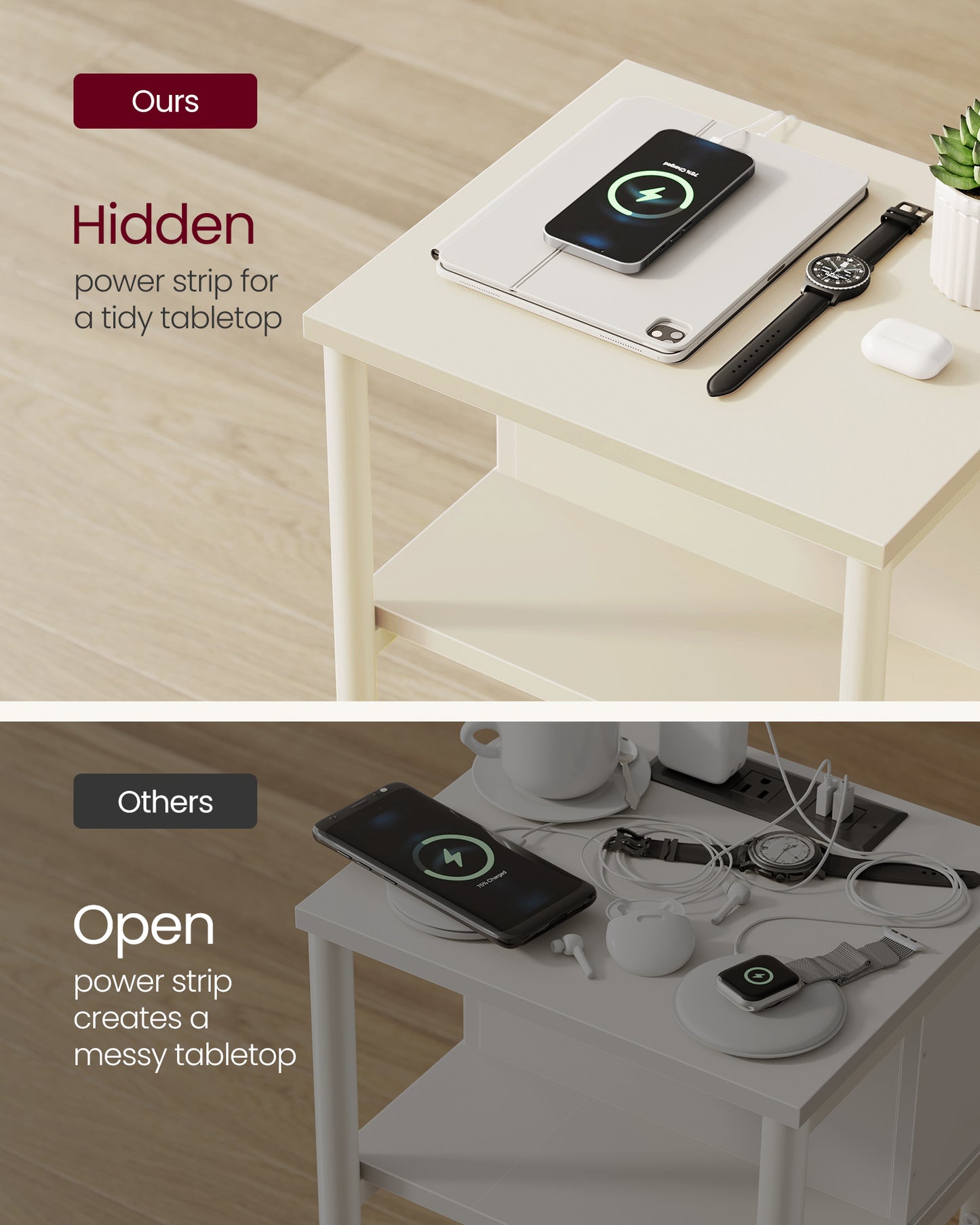 Side Table with Charging Station, 3-Tier End Table with USB Ports and Outlets, Nightstand for Living Room, Bedroom, 11.8 x 13.4 x 22.8 Inches, Plug-in Series, Cream White