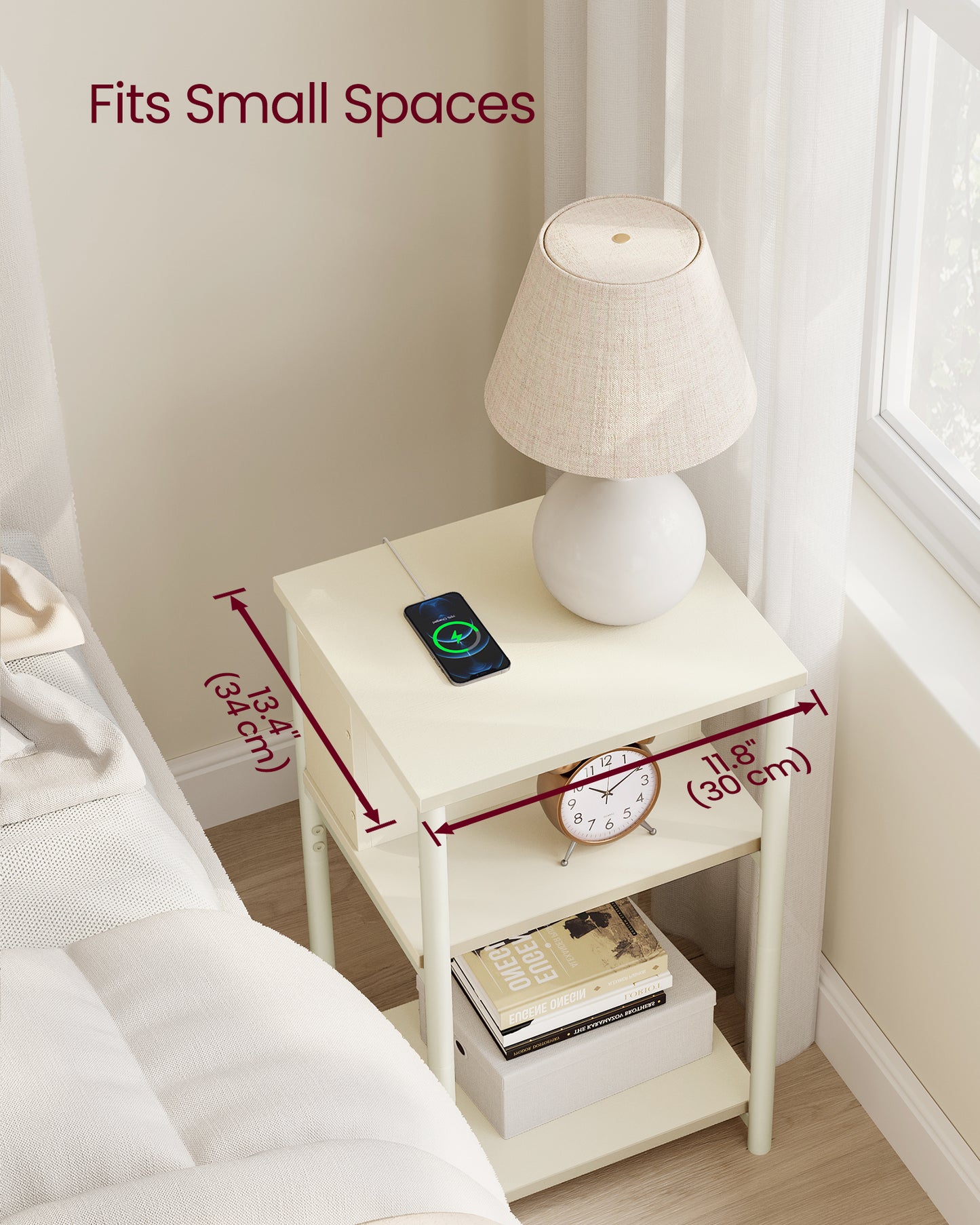 Side Table with Charging Station, 3-Tier End Table with USB Ports and Outlets, Nightstand for Living Room, Bedroom, 11.8 x 13.4 x 22.8 Inches, Plug-in Series, Cream White