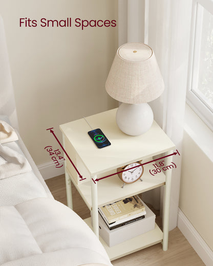 Side Table with Charging Station, 3-Tier End Table with USB Ports and Outlets, Nightstand for Living Room, Bedroom, 11.8 x 13.4 x 22.8 Inches, Plug-in Series, Cream White