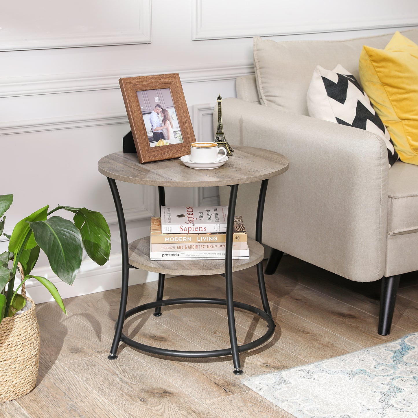 Side Table, Round End Table with 2 Storage Shelves Nightstand for Living Room, Accent Coffee Table, Greige