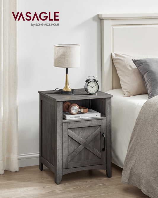Farmhouse Nightstand with Barn Door Stylish Bedside Table with Storage and Open Compartment, Solid Wood Construction, Misty Gray