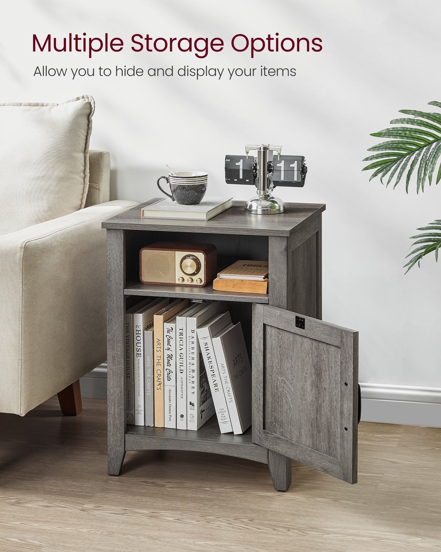 VASAGLE Farmhouse Nightstand with Barn Door, Bedside Table with Storage, Side End Table, Night Stand with Open Compartment Misty Gray