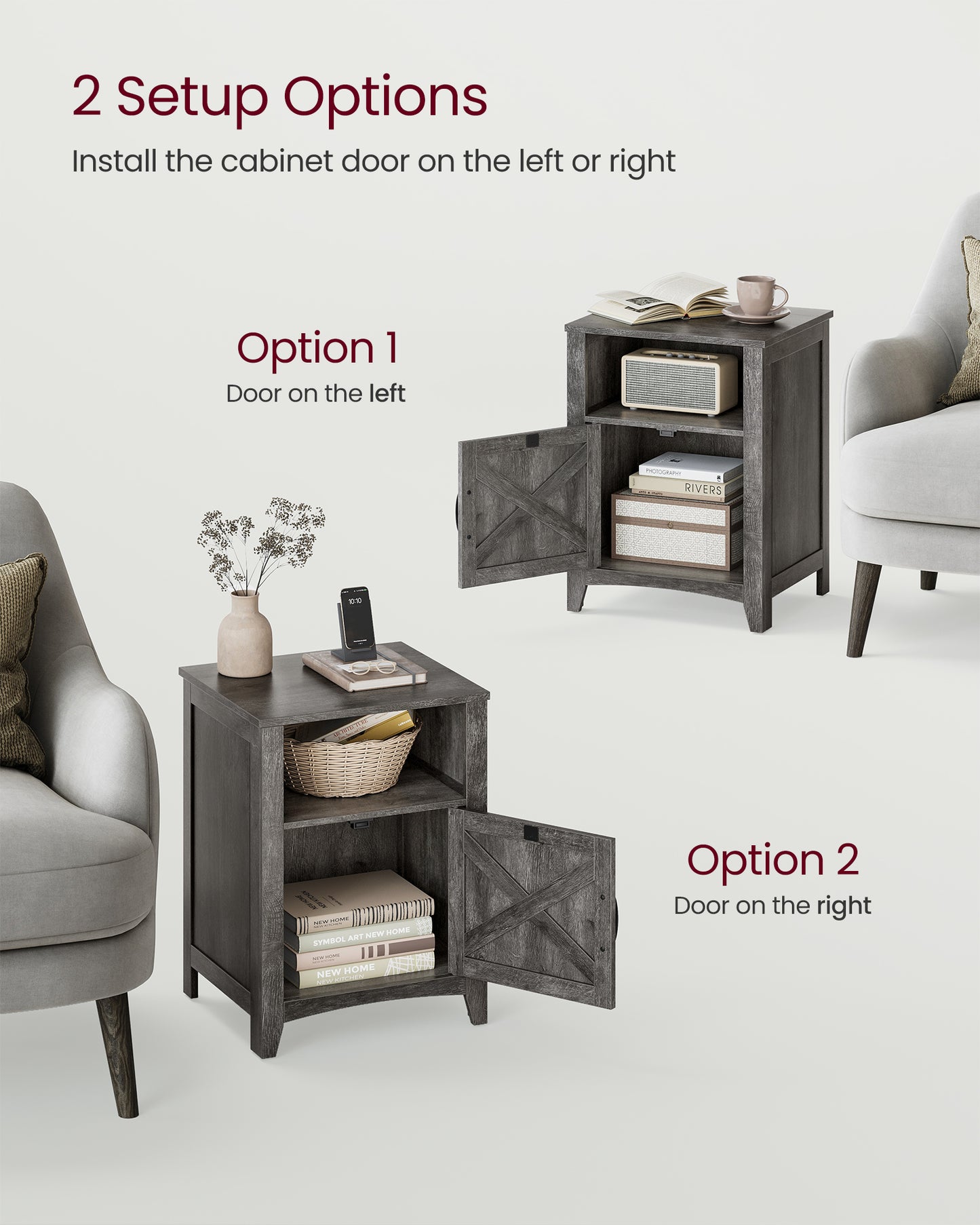 VASAGLE Farmhouse Nightstand with Barn Door, Bedside Table with Storage, Side End Table, Night Stand with Open Compartment Misty Gray