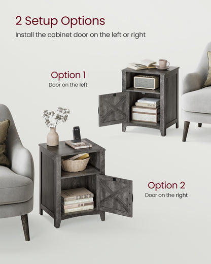 VASAGLE Farmhouse Nightstand with Barn Door, Bedside Table with Storage, Side End Table, Night Stand with Open Compartment Misty Gray