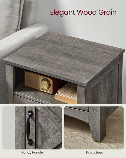 VASAGLE Farmhouse Nightstand with Barn Door, Bedside Table with Storage, Side End Table, Night Stand with Open Compartment Misty Gray