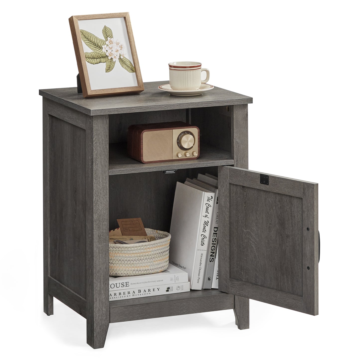 Nightstand with Barn Door, Storage Bedside Table with Open Compartment, Misty Gray, 132 - lb Capacity