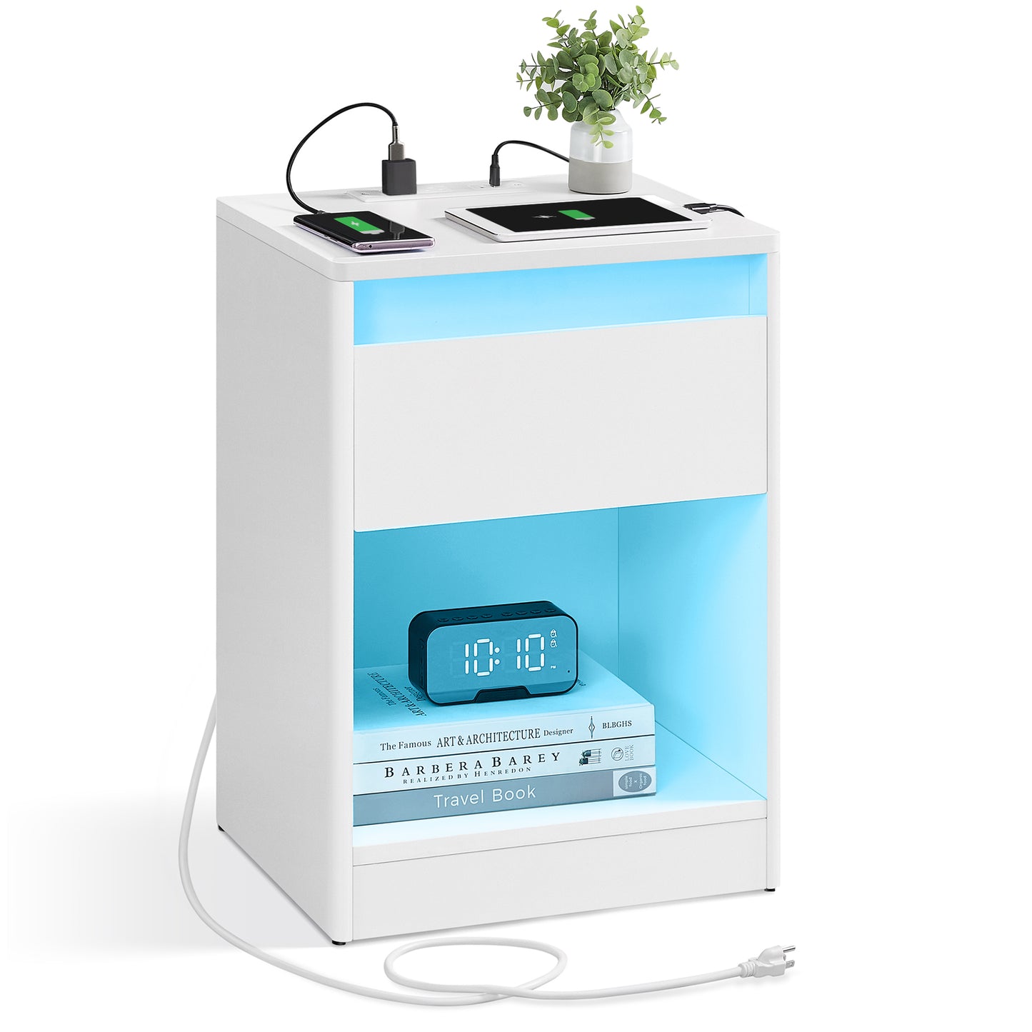 Nightstand with Charging Station, Bedside Table with Drawer, Modern Side End Adjustable LED Lights, 2 AC Outlets, 2 USB Ports for Bedroom