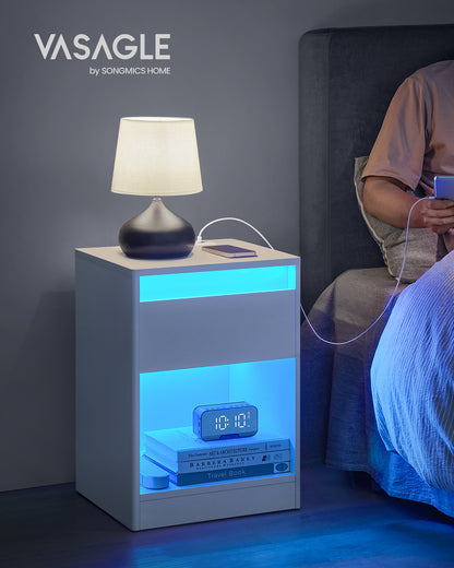 Nightstand with Charging Station, Bedside Table with Drawer, Modern Side End Adjustable LED Lights, 2 AC Outlets, 2 USB Ports for Bedroom