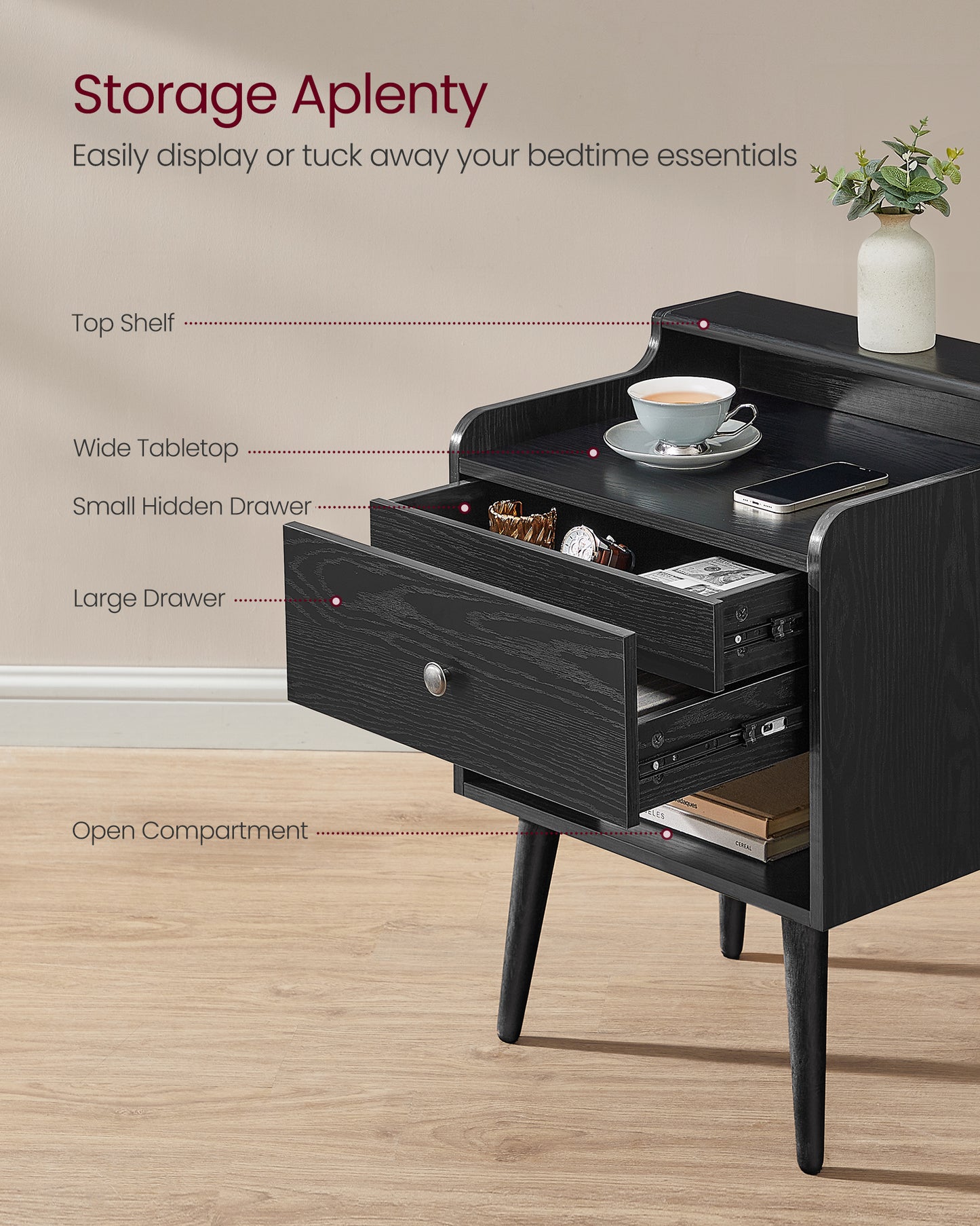 VASAGLE Nightstands, Set of 2, Bedside Tables with Hidden Drawers, Ebony Black