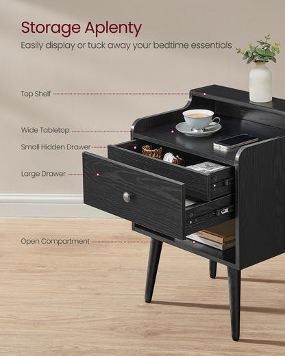 VASAGLE Nightstands, Set of 2, Bedside Tables with Hidden Drawers, Ebony Black