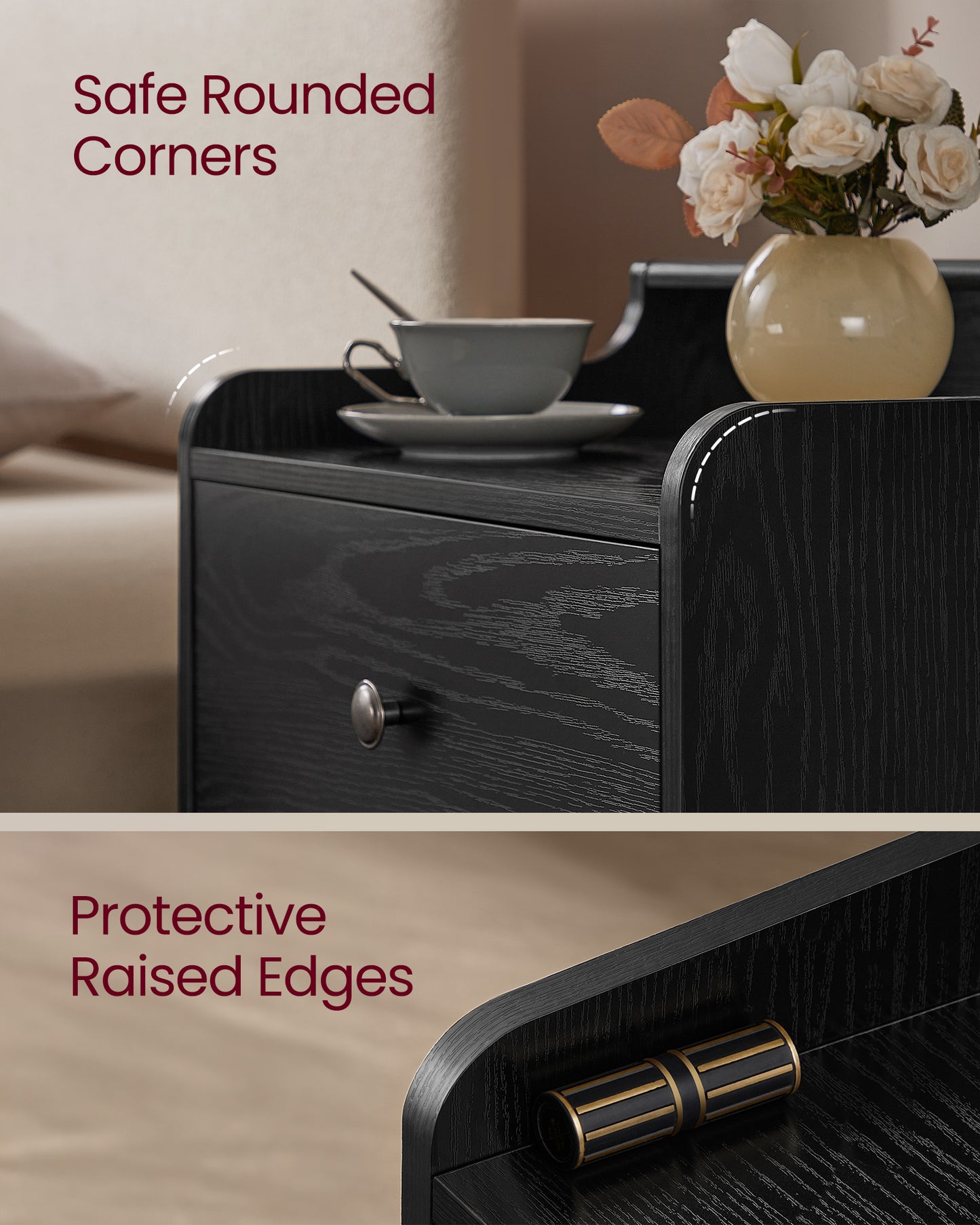 VASAGLE Nightstands, Set of 2, Bedside Tables with Hidden Drawers, Ebony Black