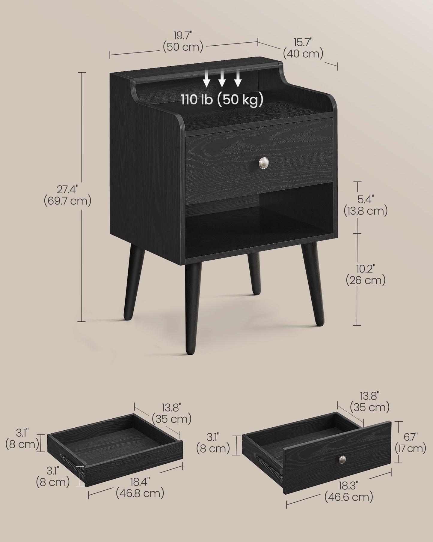 VASAGLE Nightstands, Set of 2, Bedside Tables with Hidden Drawers, Ebony Black