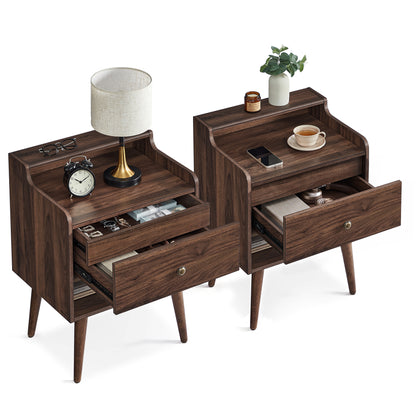 Nightstands, Set of 2, Bedside Tables with Hidden Drawers, Mid-Century End Tables with Solid Wood Legs, Walnut
