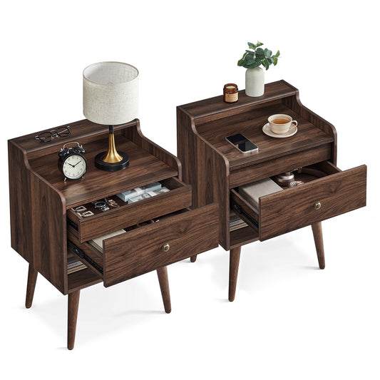 Nightstands, Set of 2, Bedside Tables with Hidden Drawers, Mid-Century End Tables with Solid Wood Legs, Walnut