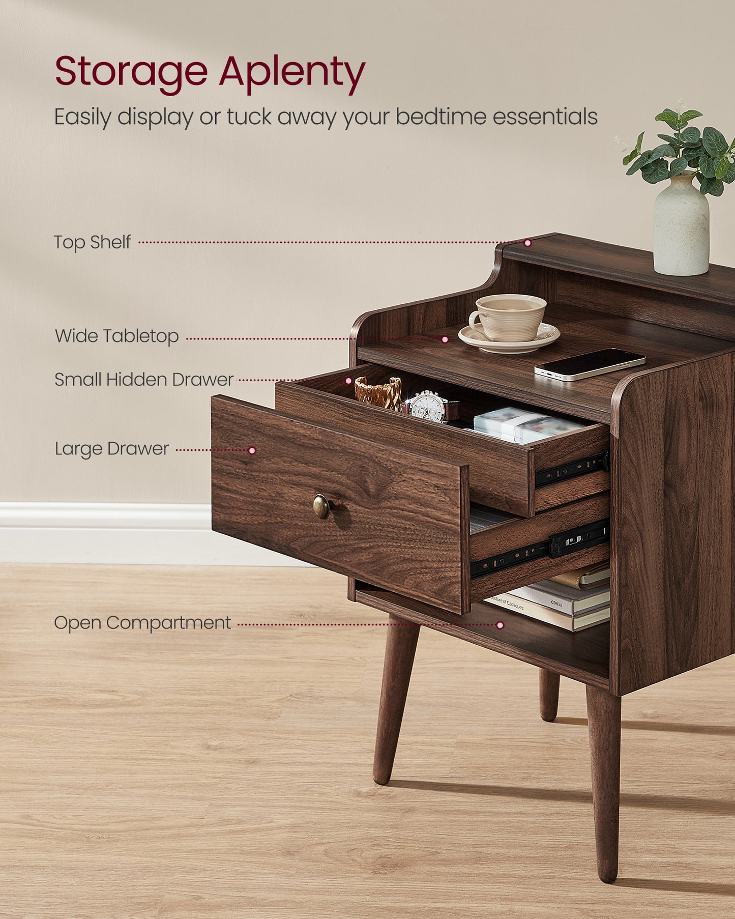Nightstands, Set of 2, Bedside Tables with Hidden Drawers, Mid-Century End Tables with Solid Wood Legs, Walnut