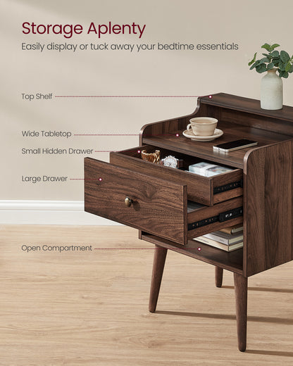 Nightstands, Set of 2, Bedside Tables with Hidden Drawers, Mid-Century End Tables with Solid Wood Legs, Walnut