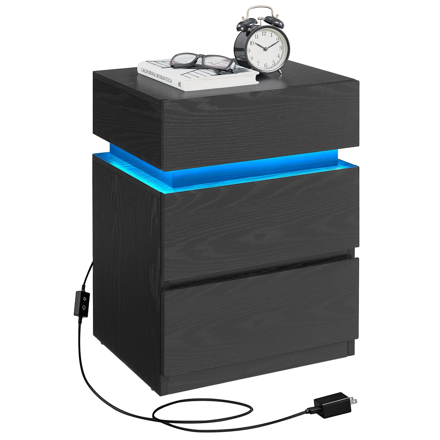 VASAGLE Nightstand with LED Lights, Adjustable Light Colors, Bedside Table, Side Table with 3 Drawers, 13.8 x 15.7 x 21.7 Inches, Ebony Black