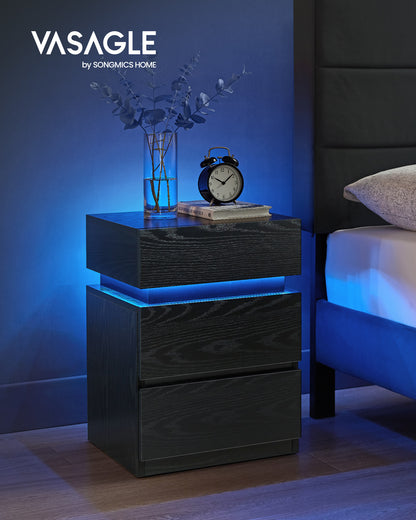 VASAGLE Nightstand with LED Lights, Adjustable Light Colors, Bedside Table, Side Table with 3 Drawers, 13.8 x 15.7 x 21.7 Inches, Ebony Black