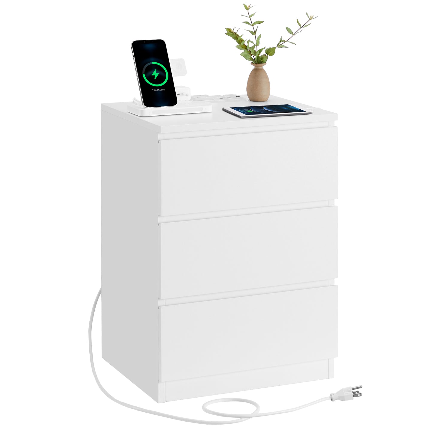 VASAGLE Nightstand with Charging Station, Bedside Table, Side End Table with 3 Drawers, 2 AC Outlets, 2 USB Ports, Beveled Drawer Fronts, Cloud White