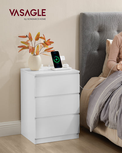 VASAGLE Nightstand with Charging Station, Bedside Table, Side End Table with 3 Drawers, 2 AC Outlets, 2 USB Ports, Beveled Drawer Fronts, Cloud White