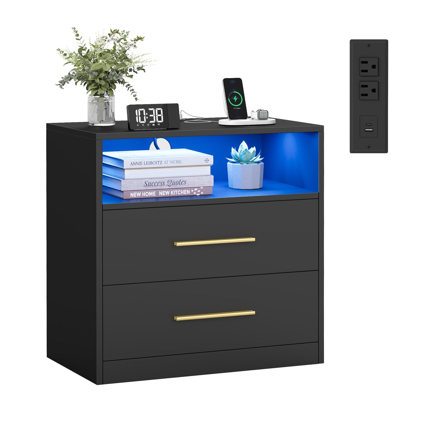VASAGLE CUSTOS Collection - Nightstand with Charging Station, LED Lights, Modern, with Drawers, Open Shelf, 2 AC Outlets USB Ports, Ink Black