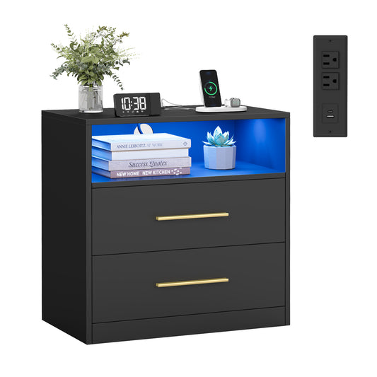 VASAGLE CUSTOS Collection - Nightstand with Charging Station, LED Lights, Modern, with Drawers, Open Shelf, 2 AC Outlets USB Ports, Ink Black