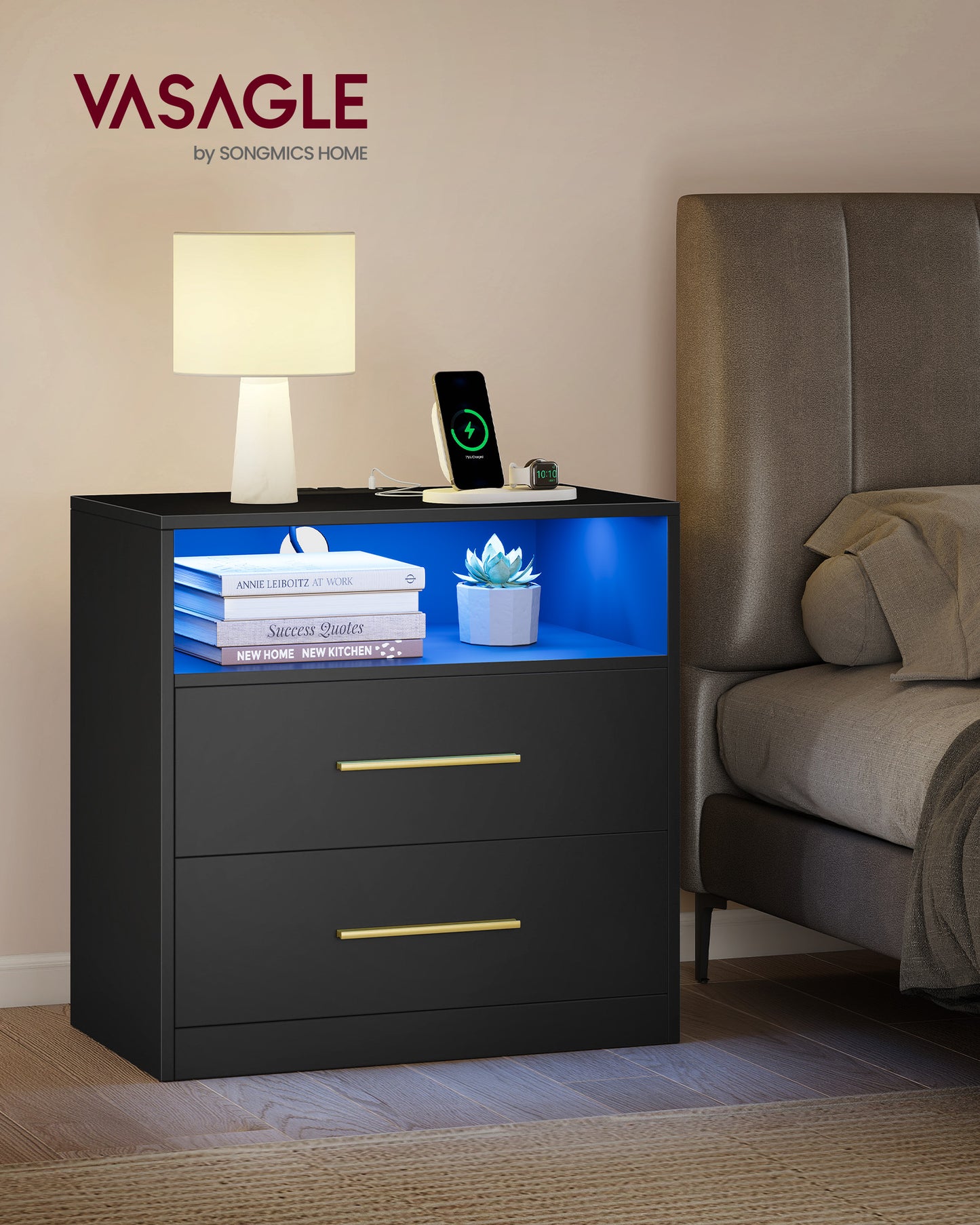 VASAGLE CUSTOS Collection - Nightstand with Charging Station, LED Lights, Modern, with Drawers, Open Shelf, 2 AC Outlets USB Ports, Ink Black