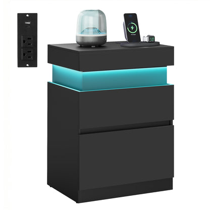 VASAGLE Nightstand with Power Outlets, Sliding Lid, Modern Bedside Table with LED Lights, End Table, 2 Drawers, 15.7 x 18.9 x 26.8 Inches, Ink Black