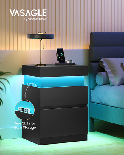 VASAGLE Nightstand with Power Outlets, Sliding Lid, Modern Bedside Table with LED Lights, End Table, 2 Drawers, 15.7 x 18.9 x 26.8 Inches, Ink Black