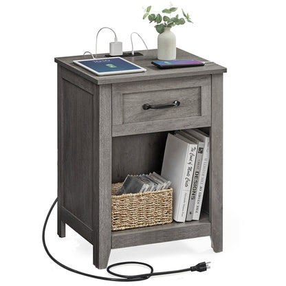 VASAGLE Farmhouse Nightstand with Charging Station, Bedside Table with Drawer, Open Compartment, Side Table with Storage, for Bedroom, Misty Gray