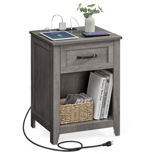 VASAGLE Farmhouse Nightstand with Charging Station, Bedside Table with Drawer, Open Compartment, Side Table with Storage, for Bedroom, Misty Gray
