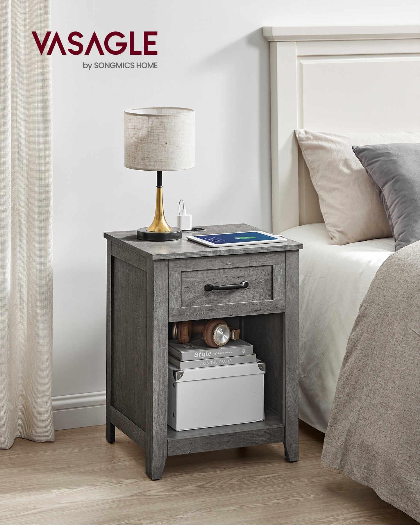 VASAGLE Farmhouse Nightstand with Charging Station, Bedside Table with Drawer, Open Compartment, Side Table with Storage, for Bedroom, Misty Gray