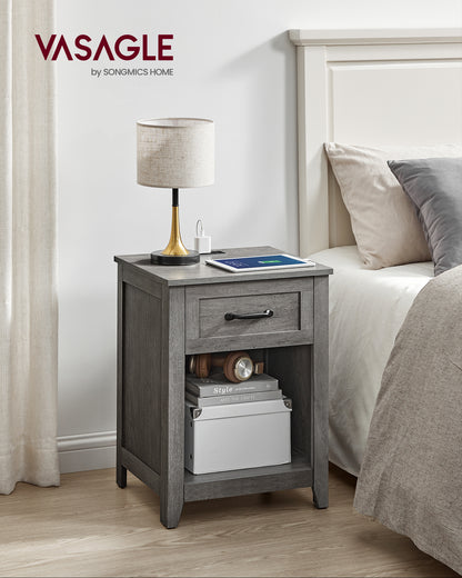 VASAGLE Farmhouse Nightstand with Charging Station, Bedside Table with Drawer, Open Compartment, Side Table with Storage, for Bedroom, Misty Gray