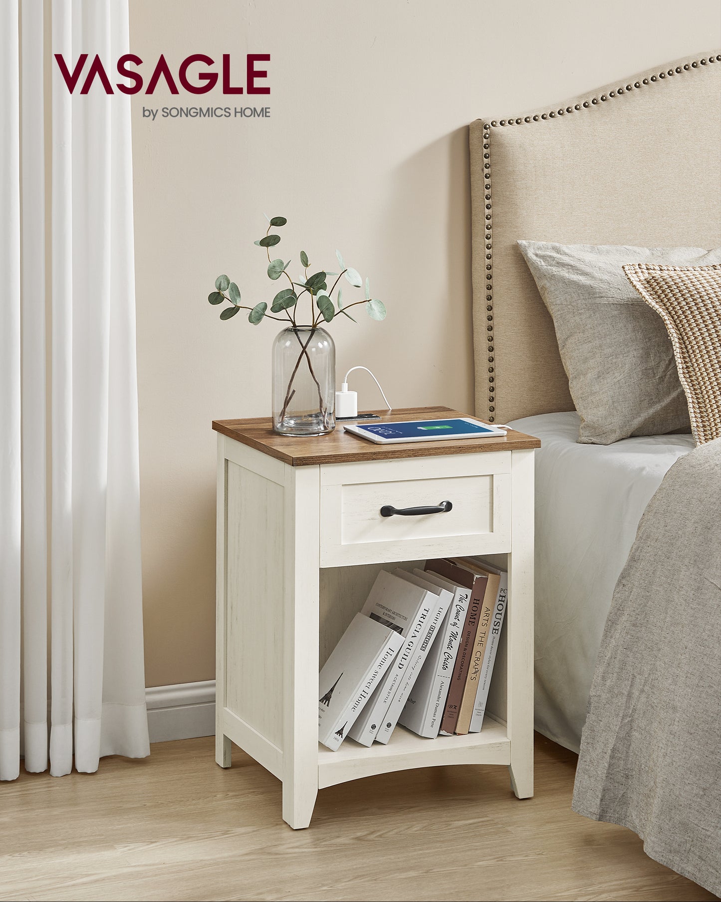 Rustic Farmhouse Nightstand with Charging Station - Versatile Storage Solution for Bedroom and Living Room
