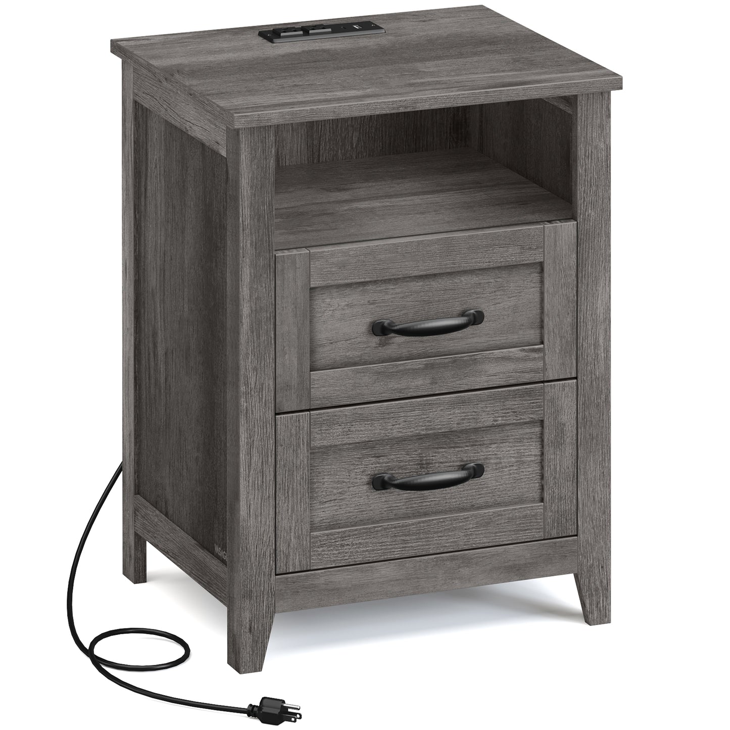 Farmhouse Nightstand with Charging Station, 2-Drawer Bedside Table, Open Shelf, USB & AC Outlets, for Bedroom & Living Room, Misty Gray