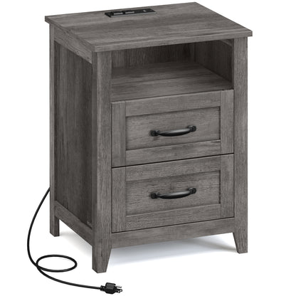 Farmhouse Nightstand with Charging Station, 2-Drawer Bedside Table, Open Shelf, USB & AC Outlets, for Bedroom & Living Room, Misty Gray