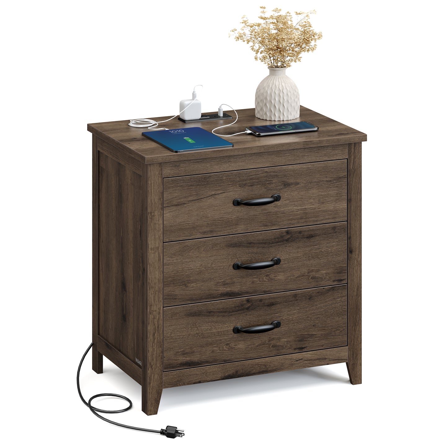 Farmhouse Nightstand with Charging Station - 3-Drawer Bedside Table with USB Ports, for Bedroom, Living Room, Taupe Brown