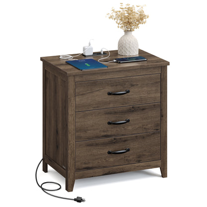 Farmhouse Nightstand with Charging Station - 3-Drawer Bedside Table with USB Ports, for Bedroom, Living Room, Taupe Brown