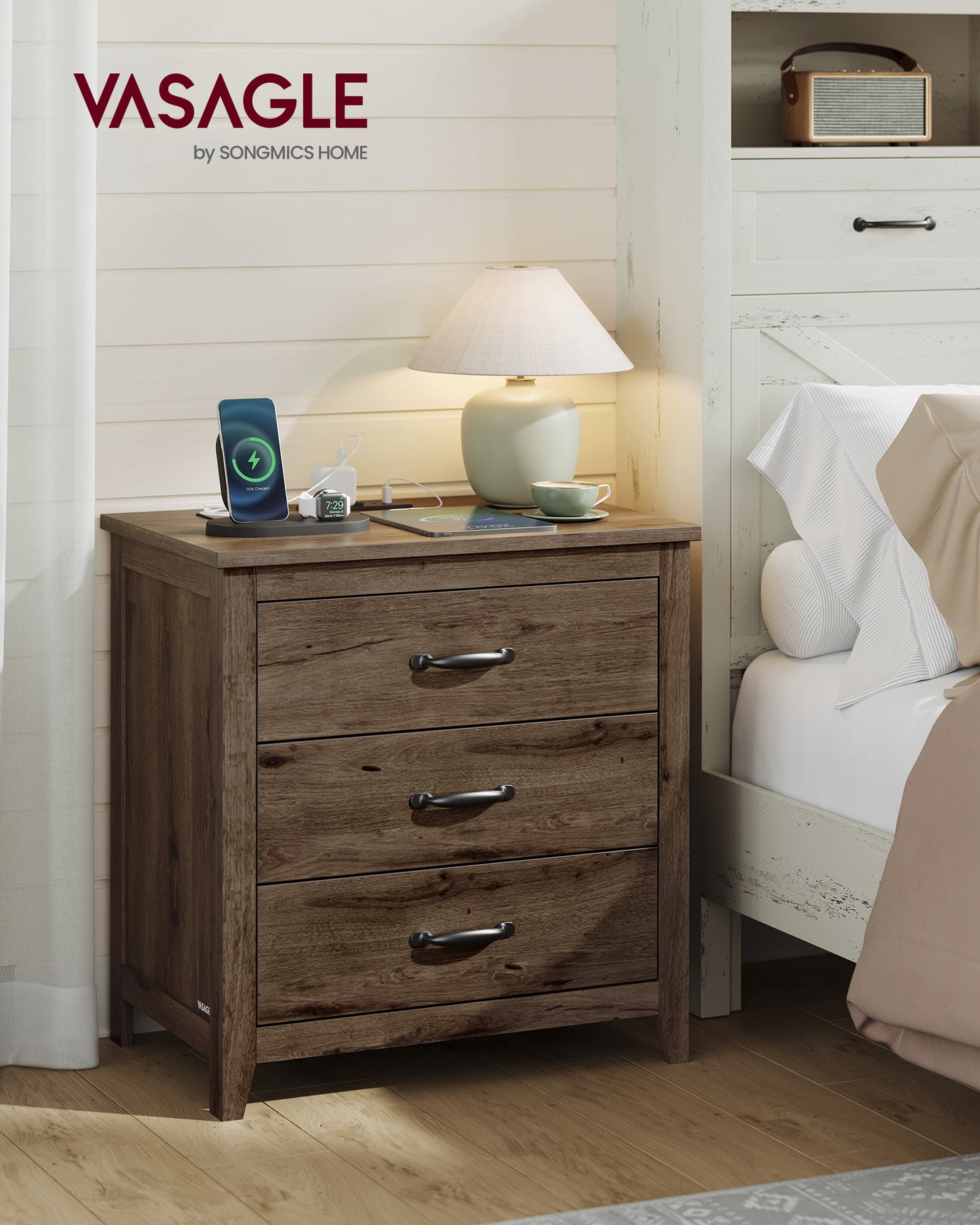 Farmhouse Nightstand with Charging Station - 3-Drawer Bedside Table with USB Ports, for Bedroom, Living Room, Taupe Brown