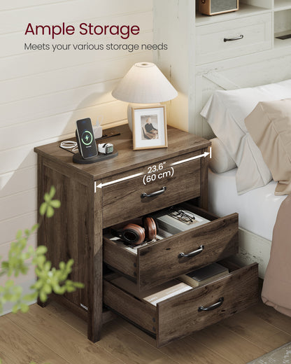 Farmhouse Nightstand with Charging Station - 3-Drawer Bedside Table with USB Ports, for Bedroom, Living Room, Taupe Brown