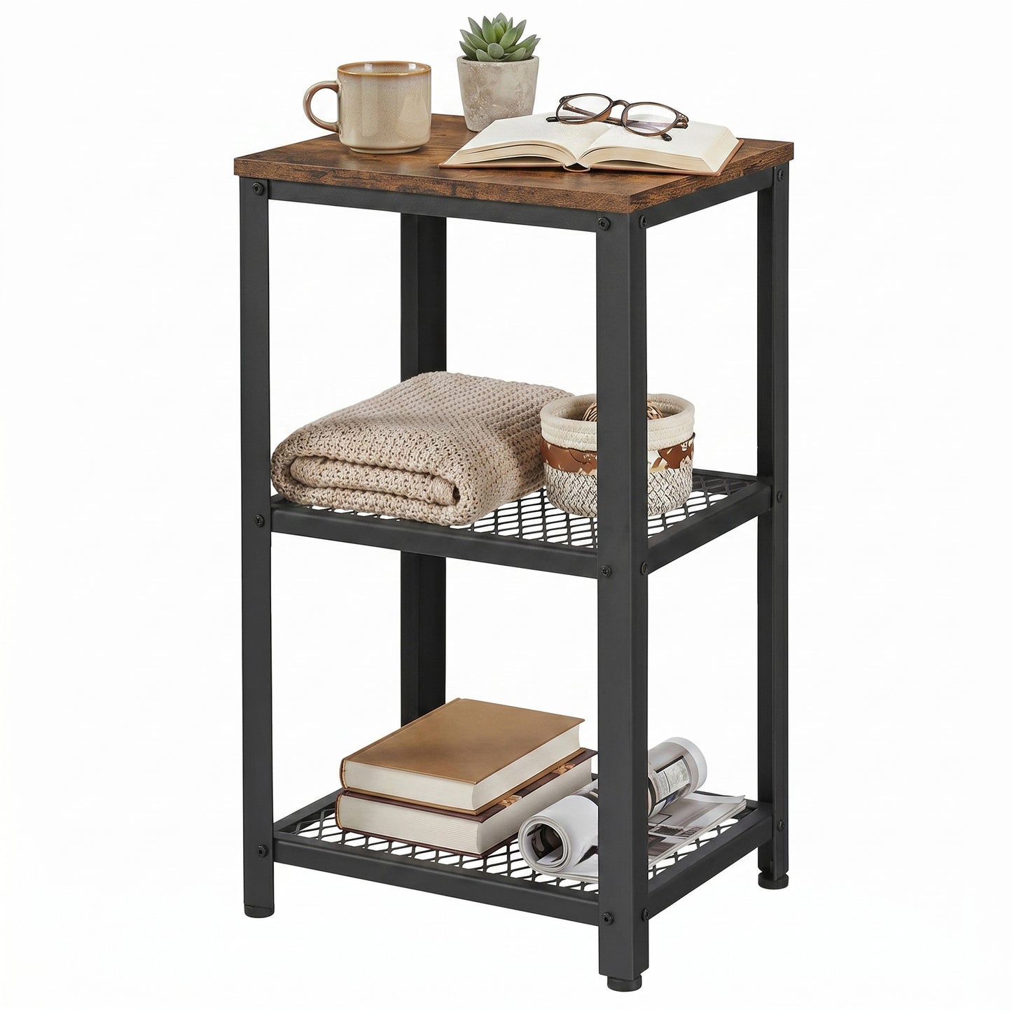 VASAGLE 3-Tier Tall Side Table, Small Telephone End Table Stand with 2 Mesh Storage Shelves, Kitchen Cart, Rustic Brown and Black