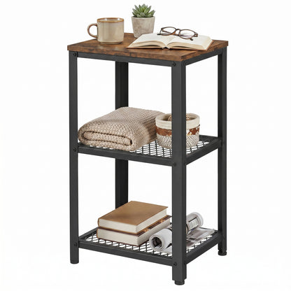 VASAGLE 3-Tier Tall Side Table, Small Telephone End Table Stand with 2 Mesh Storage Shelves, Kitchen Cart, Rustic Brown and Black