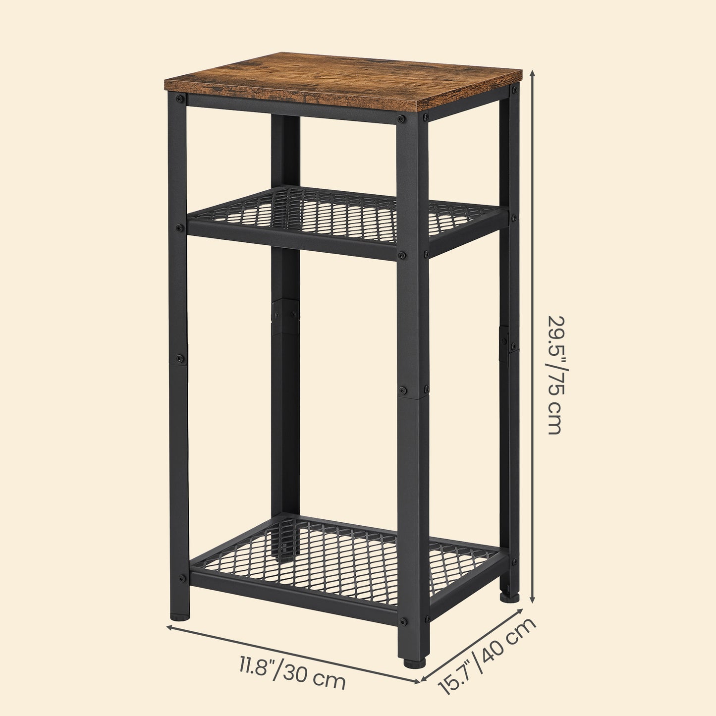 VASAGLE 3-Tier Tall Side Table, Small Telephone End Table Stand with 2 Mesh Storage Shelves, Kitchen Cart, Rustic Brown and Black