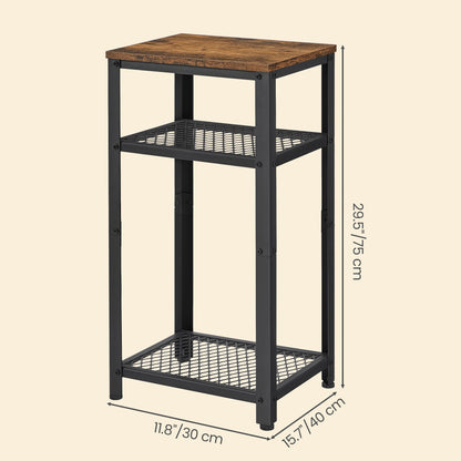 VASAGLE 3-Tier Tall Side Table, Small Telephone End Table Stand with 2 Mesh Storage Shelves, Kitchen Cart, Rustic Brown and Black