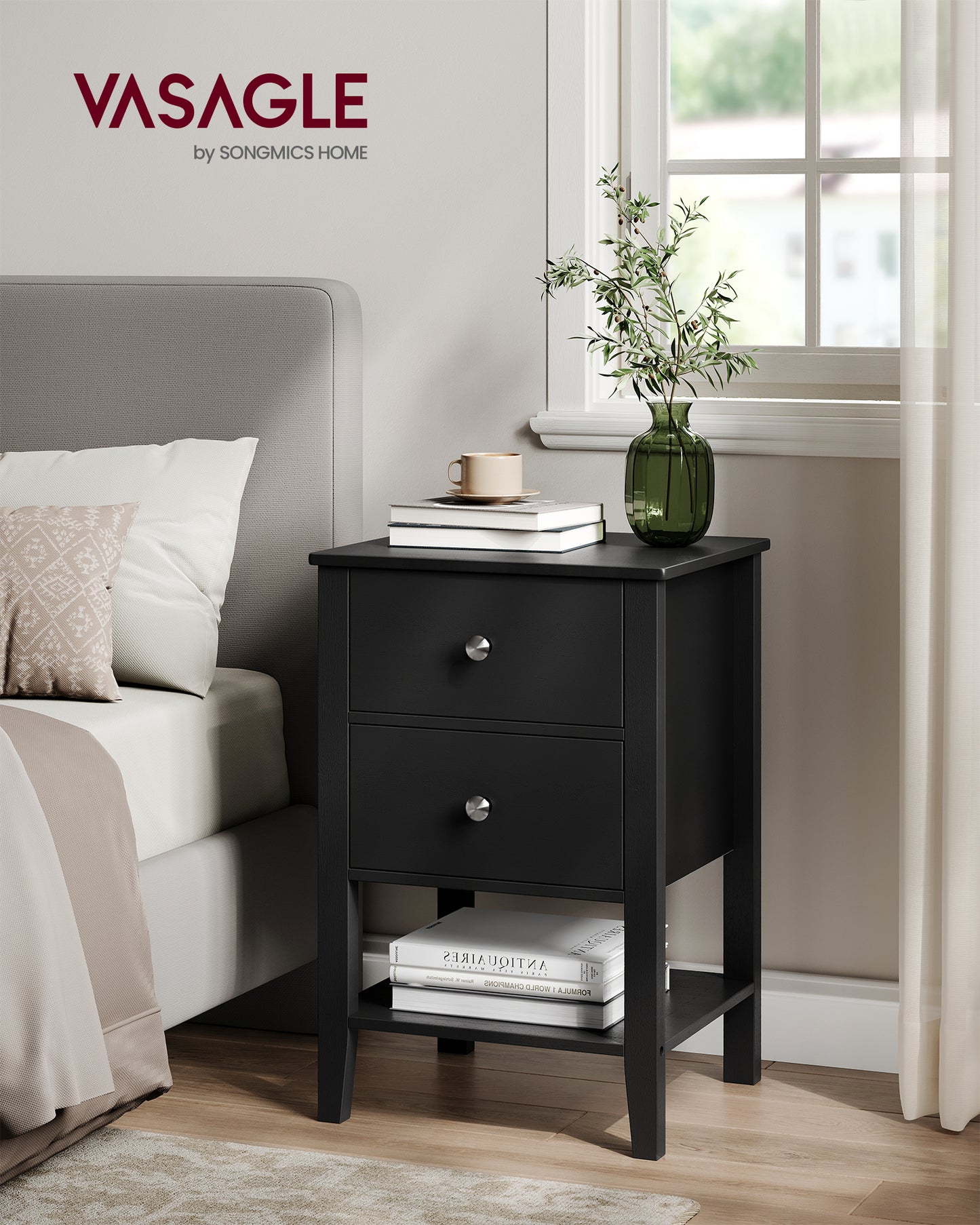 Bamboo Nightstands, Set of 2, Bedside Tables, Side End Tables with 2 Storage Drawers and Open Shelf Ink Black