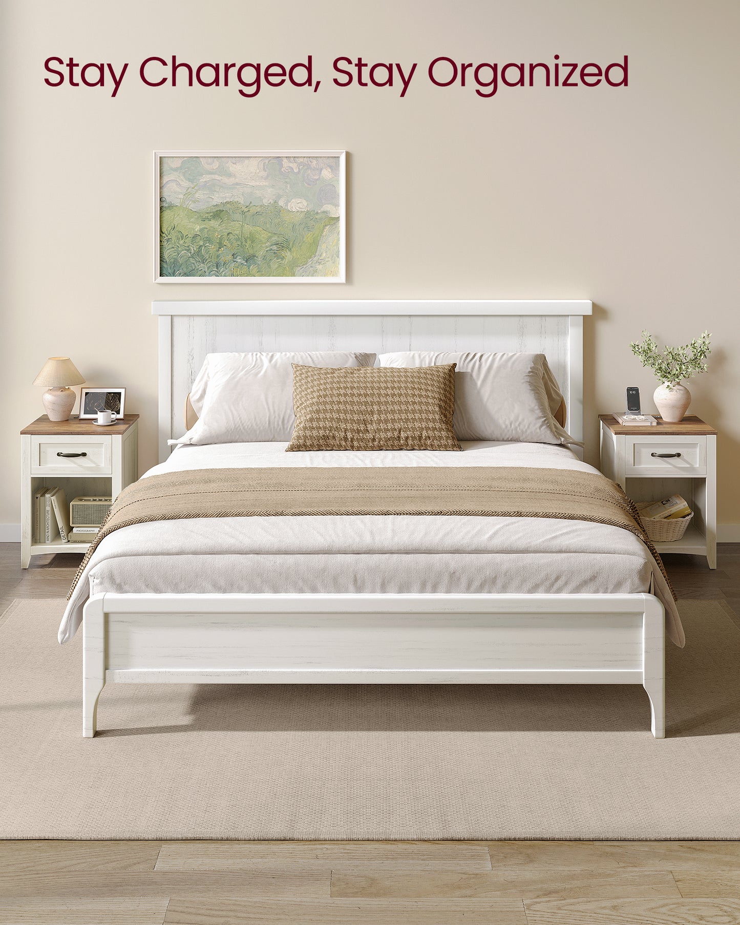 VASAGLE Farmhouse 2 Nightstands with Charging Station, Side Tables with Storage Rustic White and Honey Brown